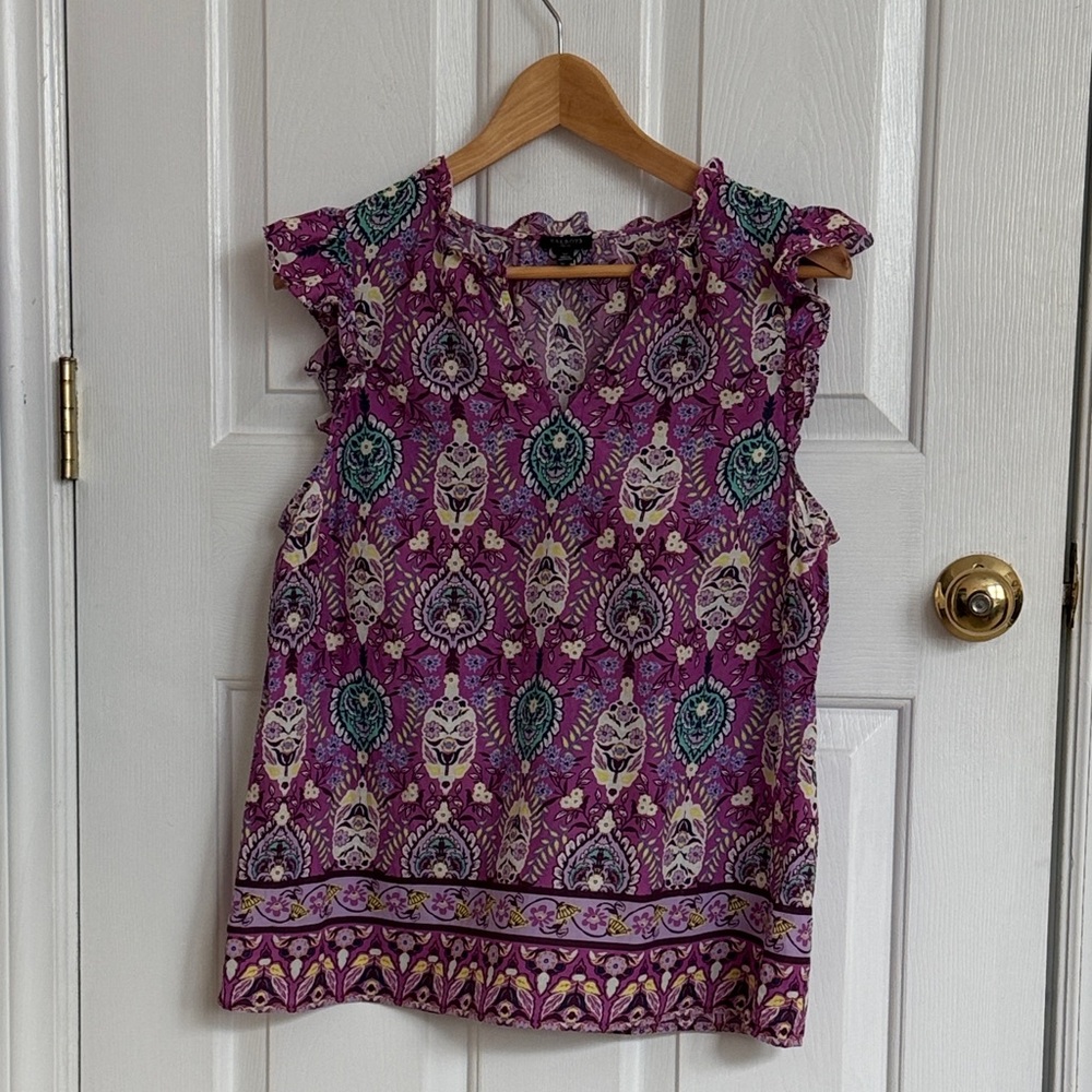 Talbots purple, aqua and cream top with ruffles neck and shoulders